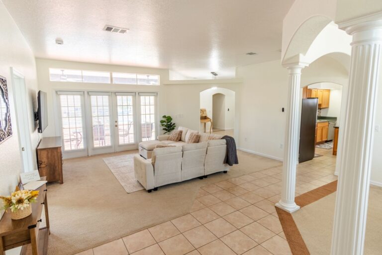 After: Michaels House great room with French doors and a cozy seating area